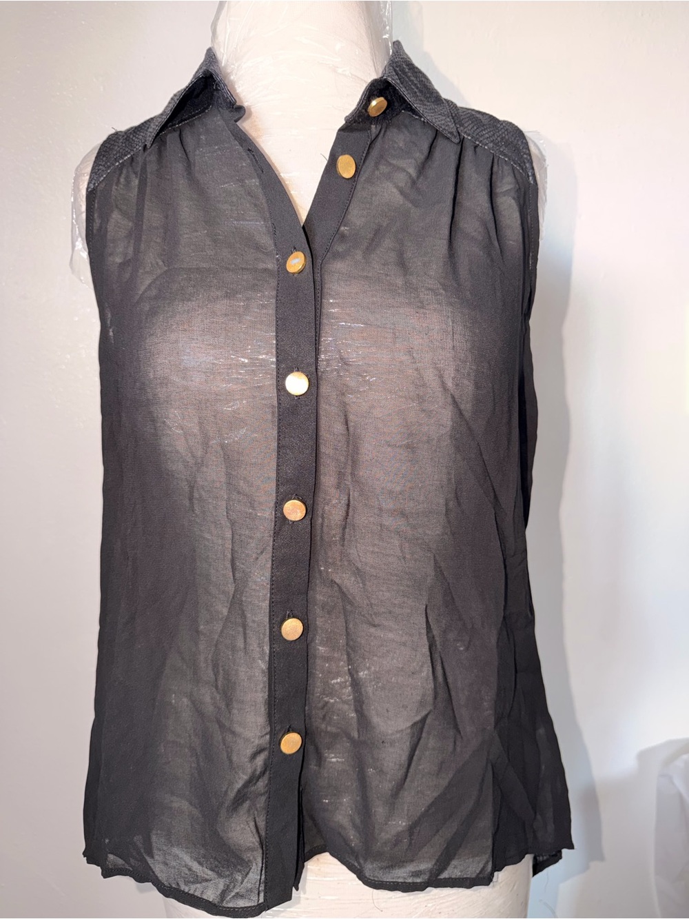 HeartSoul Black Sleeveless Sheer Blouse with Gold Buttons